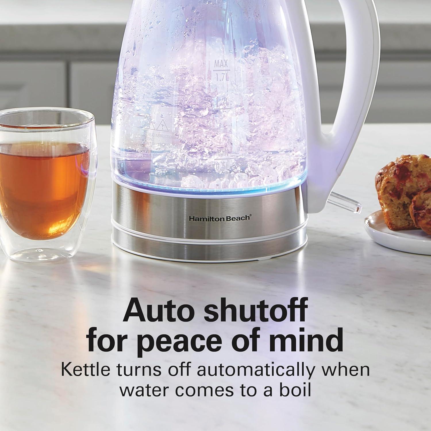 imageHamilton Beach 17L Electric Kettle Water Boiler amp Heater LED Indicator BuiltIn Mesh Filter AutoShutoff amp BoilDry Protection Cordless Serving Clear Glass 40864Iridescent Clear Glass