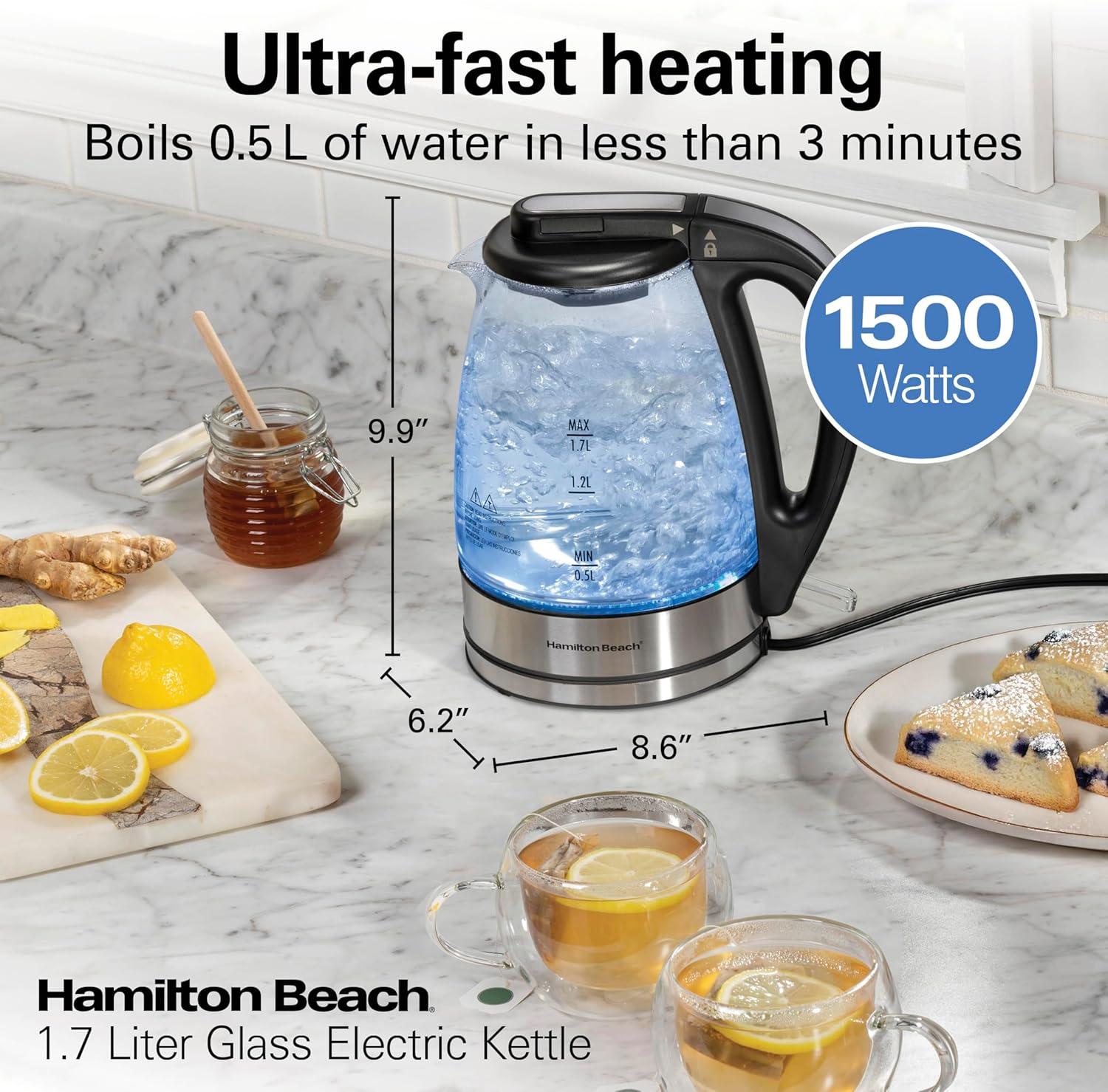 imageHamilton Beach 17L Electric Kettle Water Boiler amp Heater LED Indicator BuiltIn Mesh Filter AutoShutoff amp BoilDry Protection Cordless Serving Clear Glass 40864Clear Glass