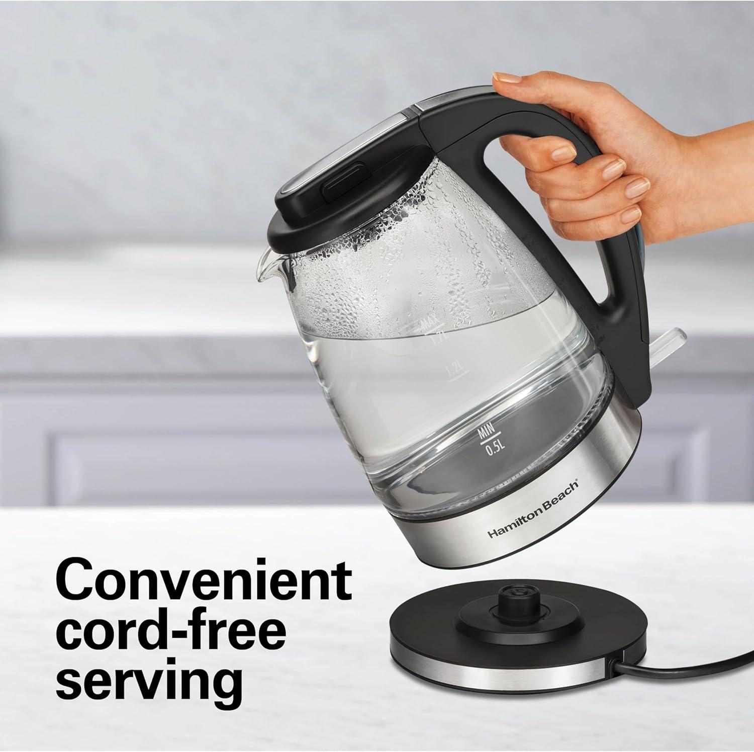 imageHamilton Beach 17L Electric Kettle Water Boiler amp Heater LED Indicator BuiltIn Mesh Filter AutoShutoff amp BoilDry Protection Cordless Serving Clear Glass 40864Clear Glass