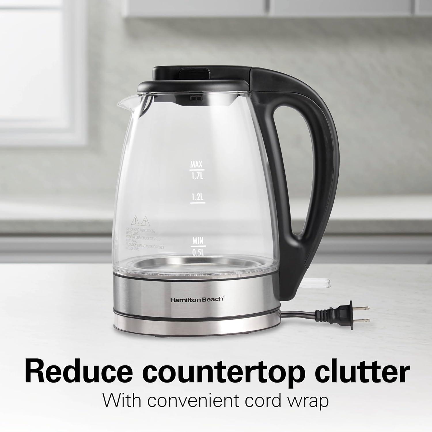 imageHamilton Beach 17L Electric Kettle Water Boiler amp Heater LED Indicator BuiltIn Mesh Filter AutoShutoff amp BoilDry Protection Cordless Serving Clear Glass 40864Clear Glass