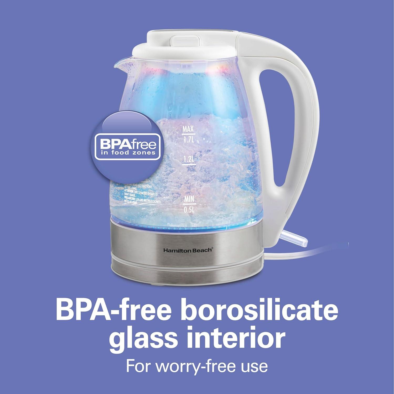 imageHamilton Beach 17L Electric Kettle Water Boiler amp Heater LED Indicator BuiltIn Mesh Filter AutoShutoff amp BoilDry Protection Cordless Serving Clear Glass 40864Iridescent Clear Glass