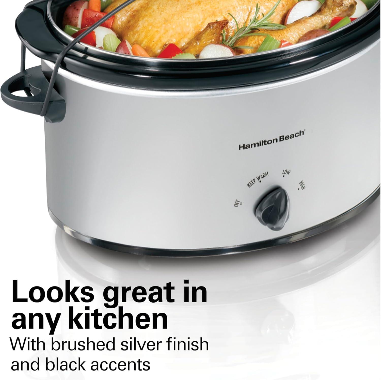 imageHamilton Beach 7Quart Portable Slow Cooker Serves 8 Dishwasher Safe Crock Lid Latch Strap for Travel Brushed SilverBrushed Silver