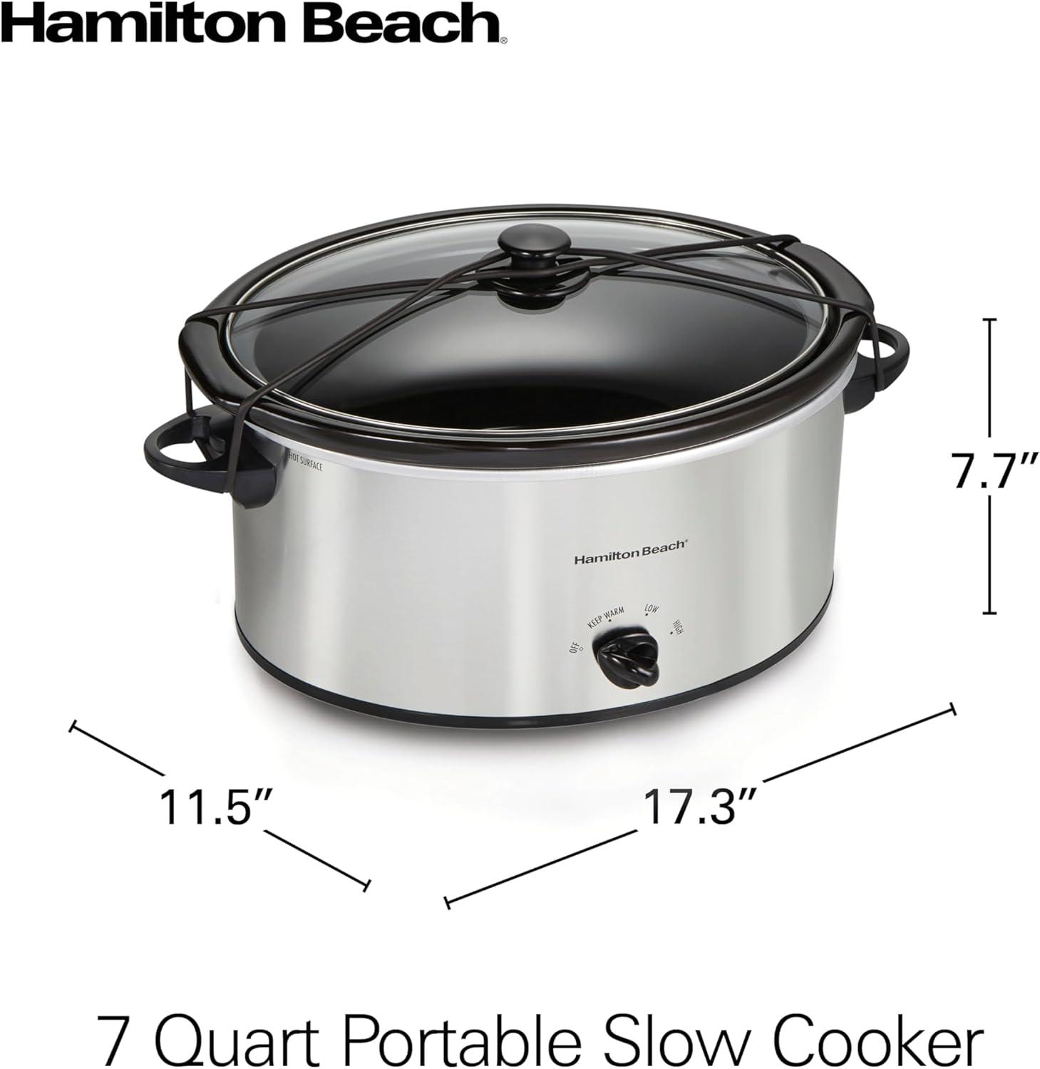 imageHamilton Beach 7Quart Portable Slow Cooker Serves 8 Dishwasher Safe Crock Lid Latch Strap for Travel Brushed SilverBrushed Silver