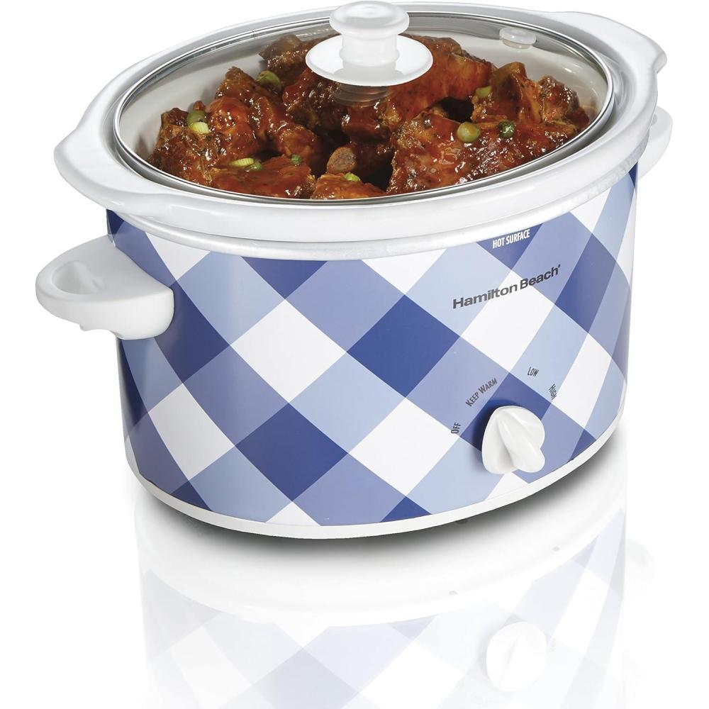 imageHamilton Beach 7Quart Portable Slow Cooker Serves 8 Dishwasher Safe Crock Lid Latch Strap for Travel Brushed SilverBlue
