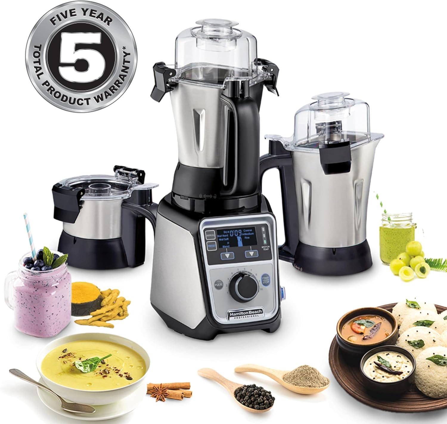 imageHamilton Beach Professional 4in1 Juicer Mixer Grinder CommercialGrade 1400 Watt Motor 3 Leakproof Jars For Wet and Dry Spices Chutneys and Curries Engineered in India amp USA 58770 Stainless